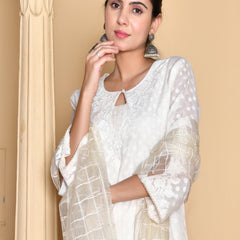 (Vaasva) Women Cream Dotted woven dobby chanderi suit set  (Set of 5 Pc)