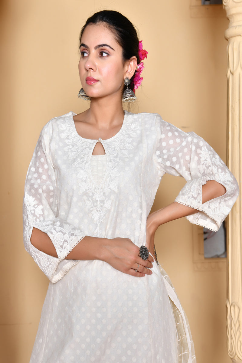 (Vaasva) Women Cream Dotted woven dobby chanderi suit set  (Set of 5 Pc)