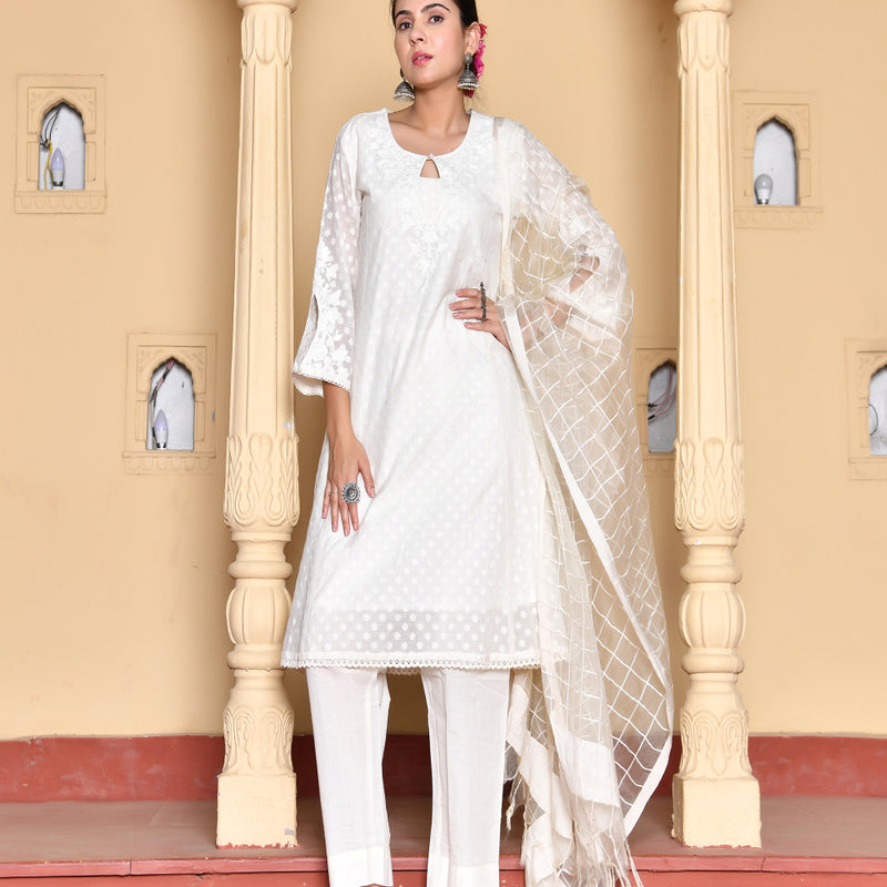 (Vaasva) Women Cream Dotted woven dobby chanderi suit set  (Set of 5 Pc)