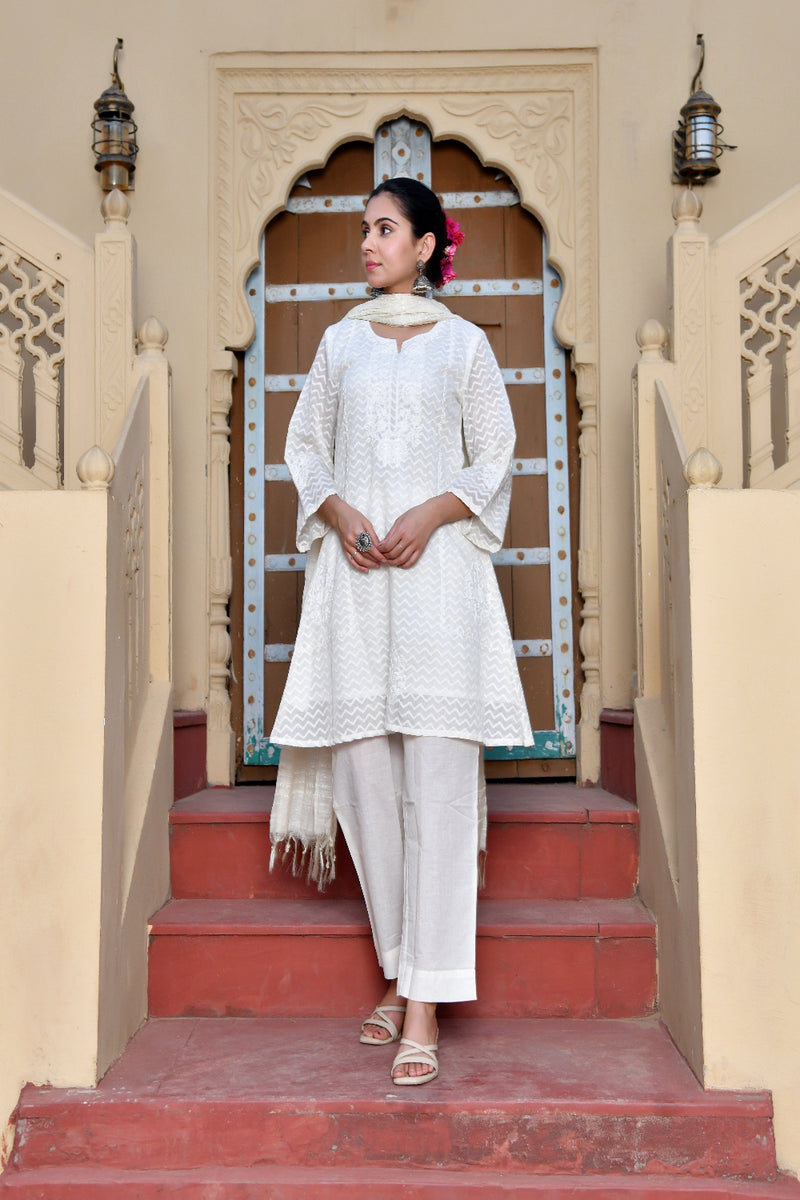 (Vaasva) Women Chevron woven dobby chanderi  suit set  (Set of 5 Pc)