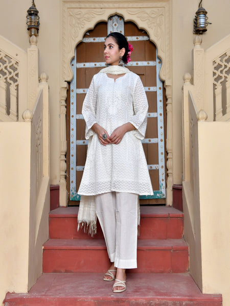 (Vaasva) Women Chevron woven dobby chanderi  suit set  (Set of 5 Pc)