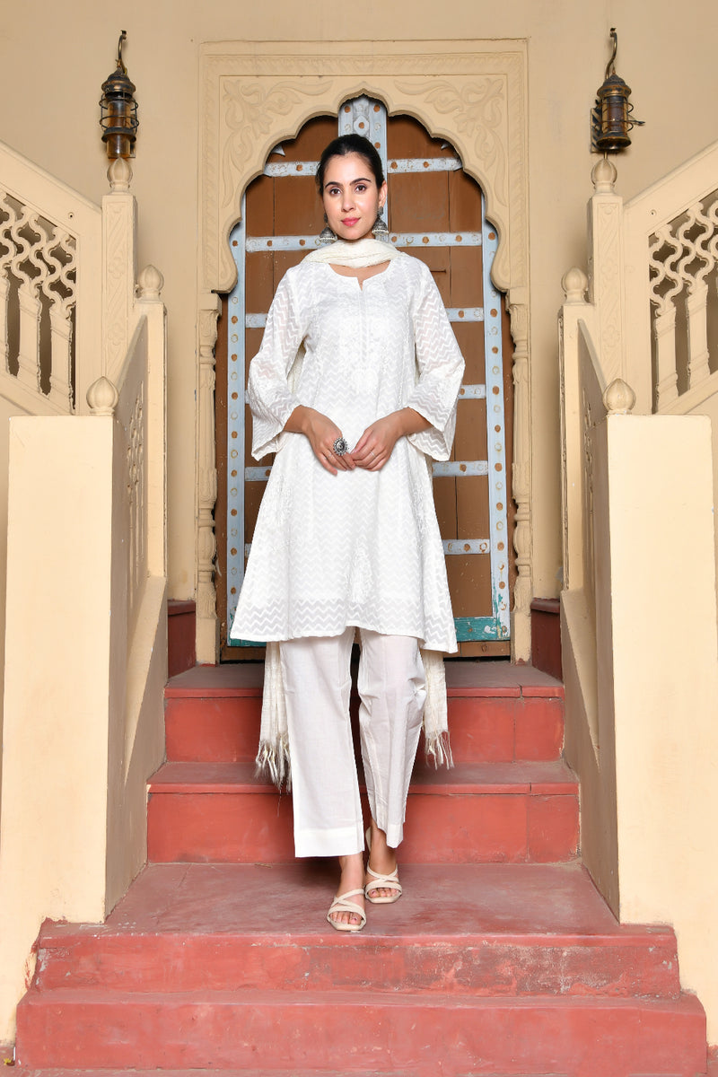 (Vaasva) Women Chevron woven dobby chanderi  suit set  (Set of 5 Pc)