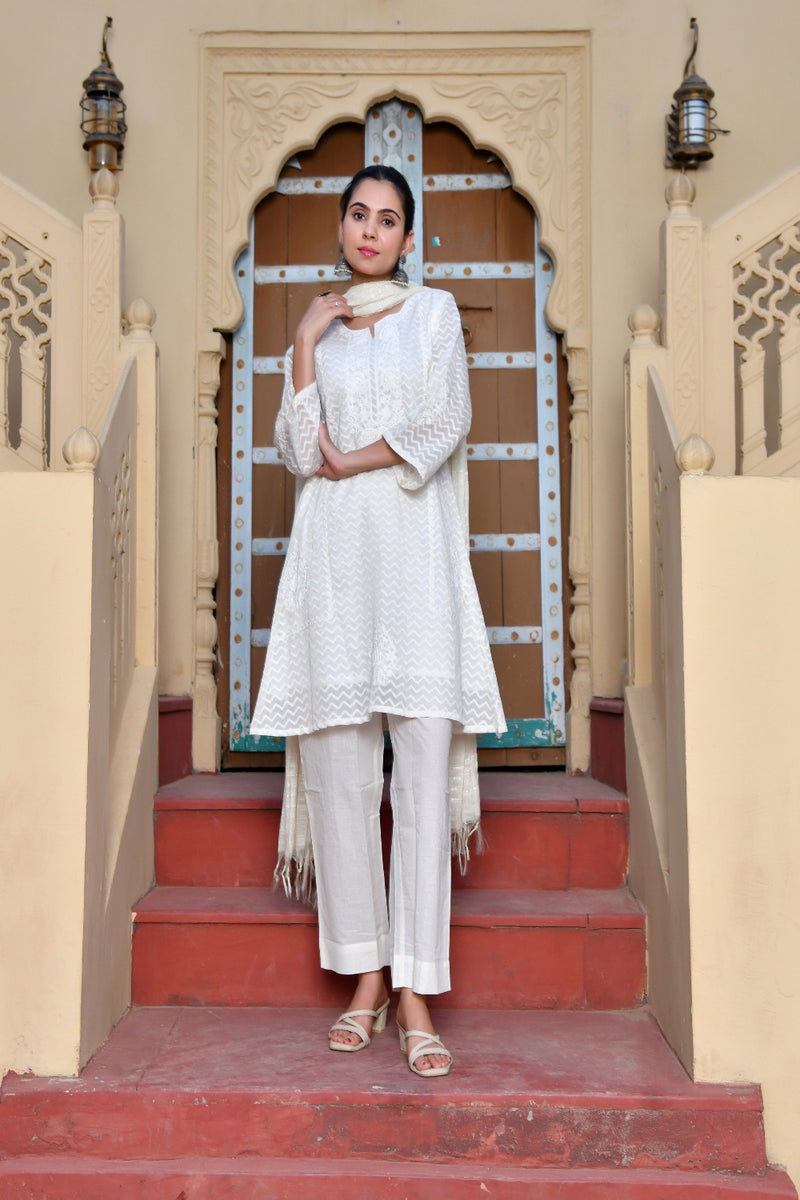 (Vaasva) Women Chevron woven dobby chanderi  suit set  (Set of 5 Pc)