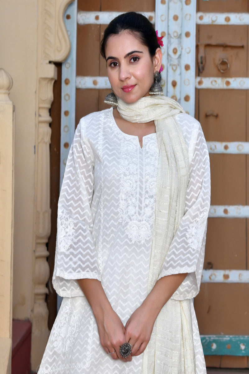 (Vaasva) Women Chevron woven dobby chanderi  suit set  (Set of 5 Pc)