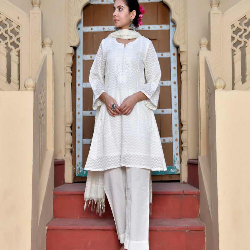 (Vaasva) Women Chevron woven dobby chanderi  suit set  (Set of 5 Pc)