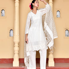 (Vaasva) Women Cream striped woven dobby chanderi cut work  suit set  (Set of 5 Pc)