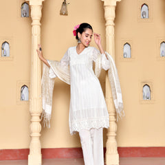 (Vaasva) Women Cream striped woven dobby chanderi cut work  suit set  (Set of 5 Pc)