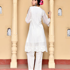 (Vaasva) Women Cream striped woven dobby chanderi cut work  suit set  (Set of 5 Pc)