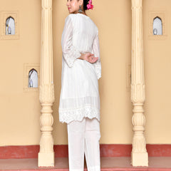 (Vaasva) Women Cream striped woven dobby chanderi cut work  suit set  (Set of 5 Pc)