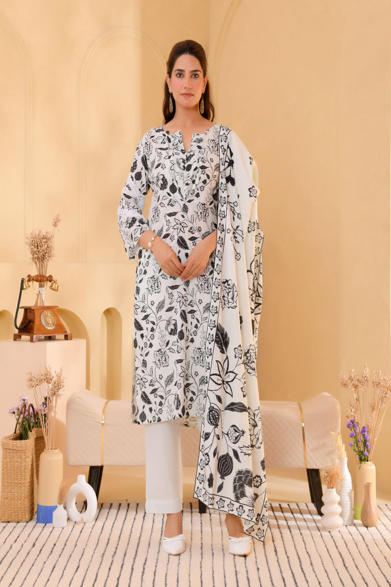 (Vaasva) Women Black & white jaal pattern floral suit set  (Set of 5 Pc)