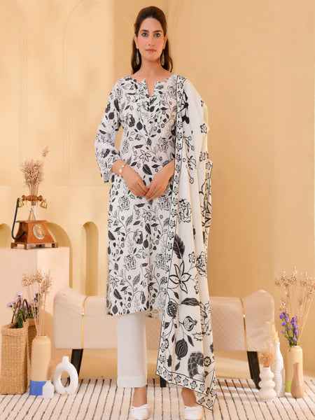 (Vaasva) Women Black & white jaal pattern floral suit set  (Set of 5 Pc)