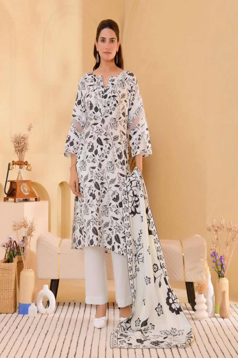 (Vaasva) Women Black & white jaal pattern floral suit set  (Set of 5 Pc)