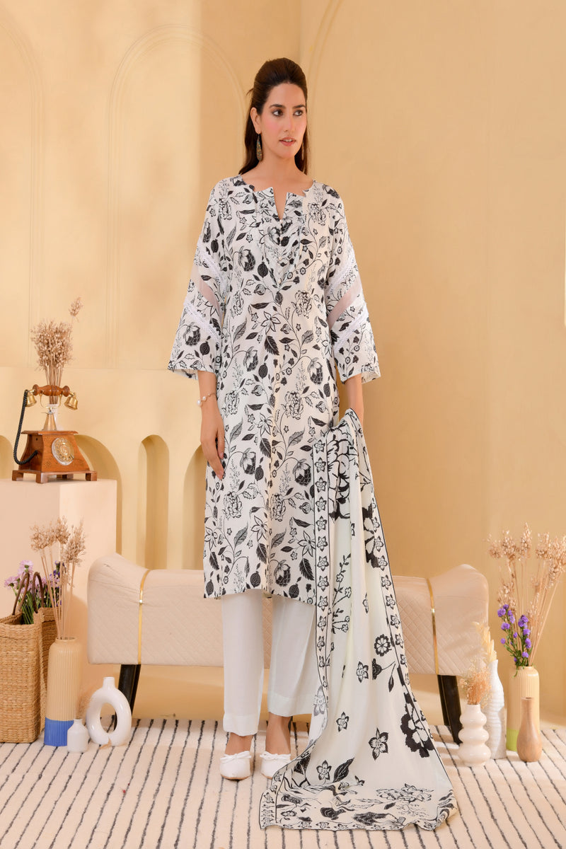 (Vaasva) Women Black & white jaal pattern floral suit set  (Set of 5 Pc)