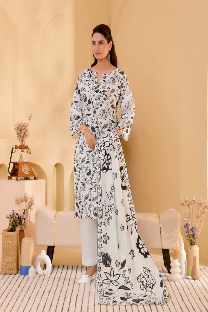 (Vaasva) Women Black & white jaal pattern floral suit set  (Set of 5 Pc)