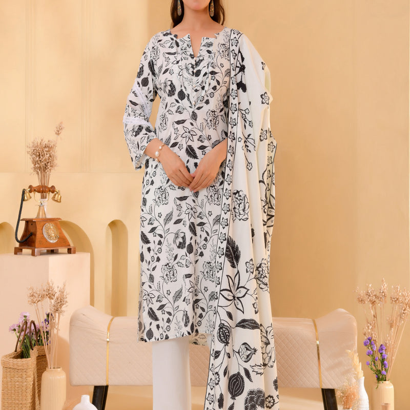 (Vaasva) Women Black & white jaal pattern floral suit set  (Set of 5 Pc)