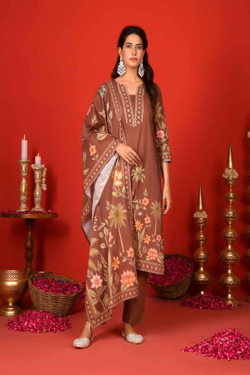 (Vaasva) Women Brown Placement floral suit set with printed dupatta  (Set of 5 Pc)