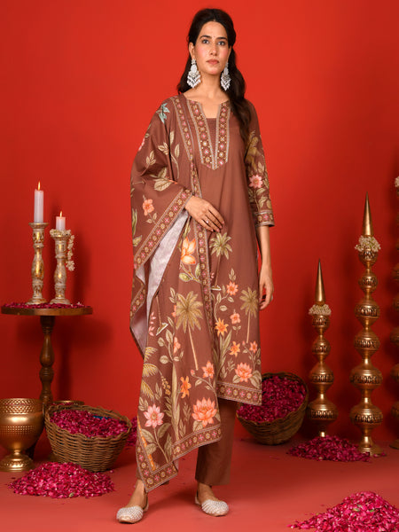 (Vaasva) Women Brown Placement floral suit set with printed dupatta  (Set of 5 Pc)