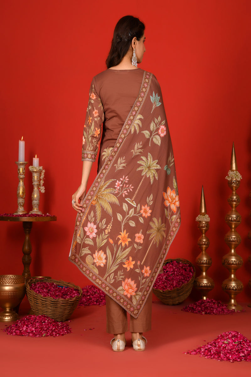 (Vaasva) Women Brown Placement floral suit set with printed dupatta  (Set of 5 Pc)