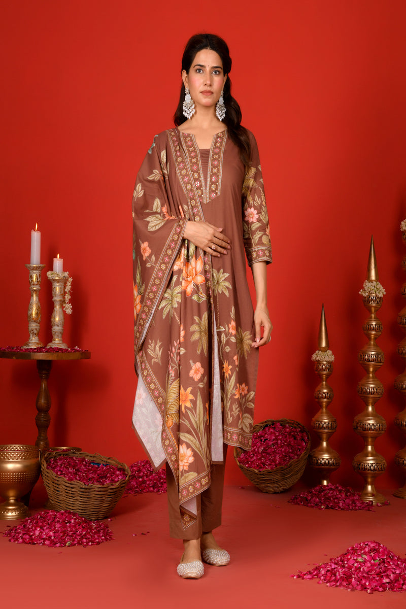 (Vaasva) Women Brown Placement floral suit set with printed dupatta  (Set of 5 Pc)
