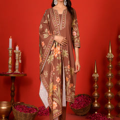 (Vaasva) Women Brown Placement floral suit set with printed dupatta  (Set of 5 Pc)