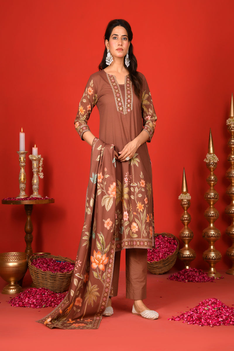 (Vaasva) Women Brown Placement floral suit set with printed dupatta  (Set of 5 Pc)