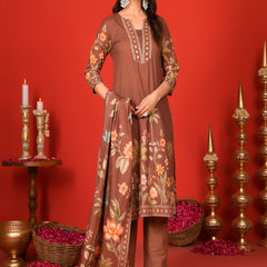 (Vaasva) Women Brown Placement floral suit set with printed dupatta  (Set of 5 Pc)