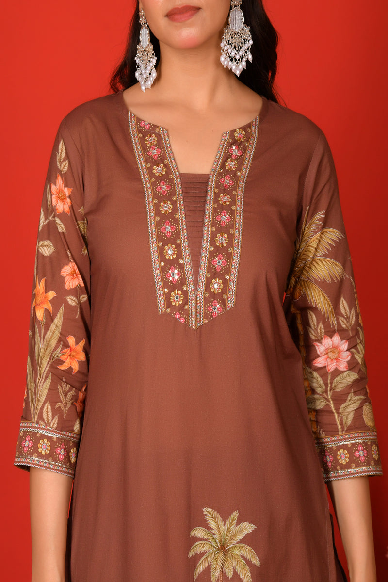 (Vaasva) Women Brown Placement floral suit set with printed dupatta  (Set of 5 Pc)