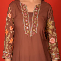 (Vaasva) Women Brown Placement floral suit set with printed dupatta  (Set of 5 Pc)