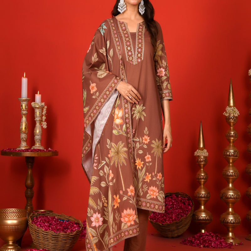 (Vaasva) Women Brown Placement floral suit set with printed dupatta  (Set of 5 Pc)