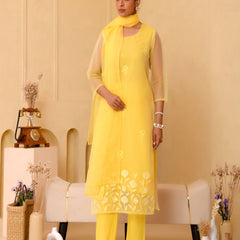(Vaasva) Women yellow Organza applique suit set  (Set of 5 Pc)