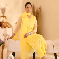 (Vaasva) Women yellow Organza applique suit set  (Set of 5 Pc)