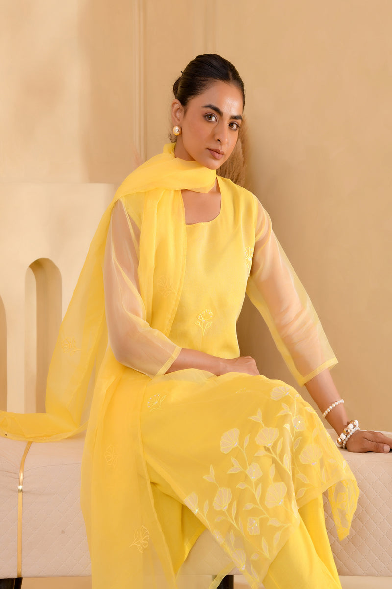 (Vaasva) Women yellow Organza applique suit set  (Set of 5 Pc)