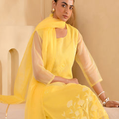 (Vaasva) Women yellow Organza applique suit set  (Set of 5 Pc)