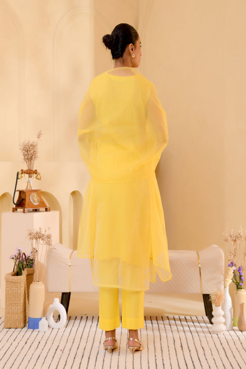 (Vaasva) Women yellow Organza applique suit set  (Set of 5 Pc)
