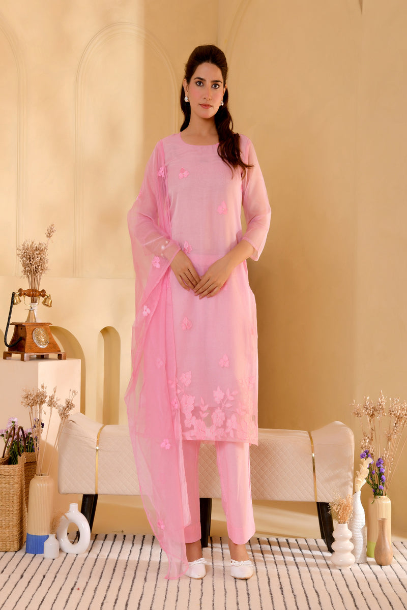 (Vaasva) Women Pink Organza applique suit set  (Set of 5 Pc)