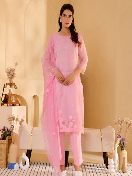 (Vaasva) Women Pink Organza applique suit set  (Set of 5 Pc)