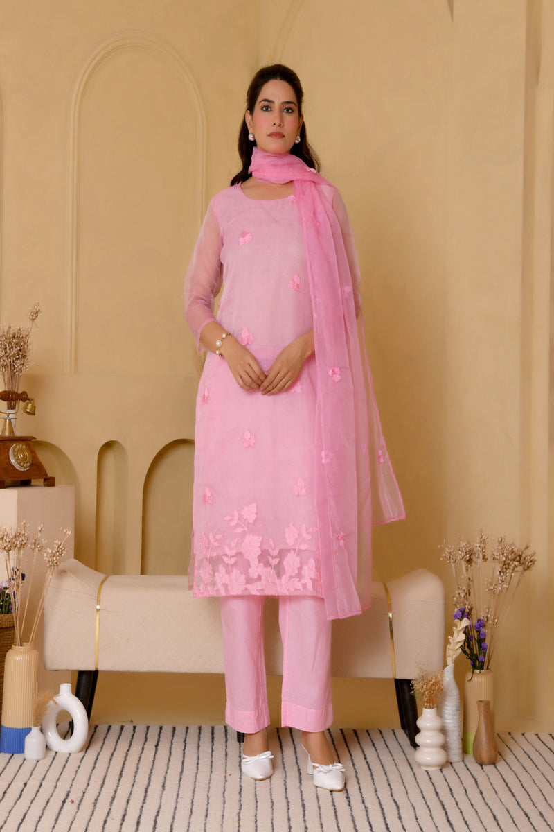 (Vaasva) Women Pink Organza applique suit set  (Set of 5 Pc)