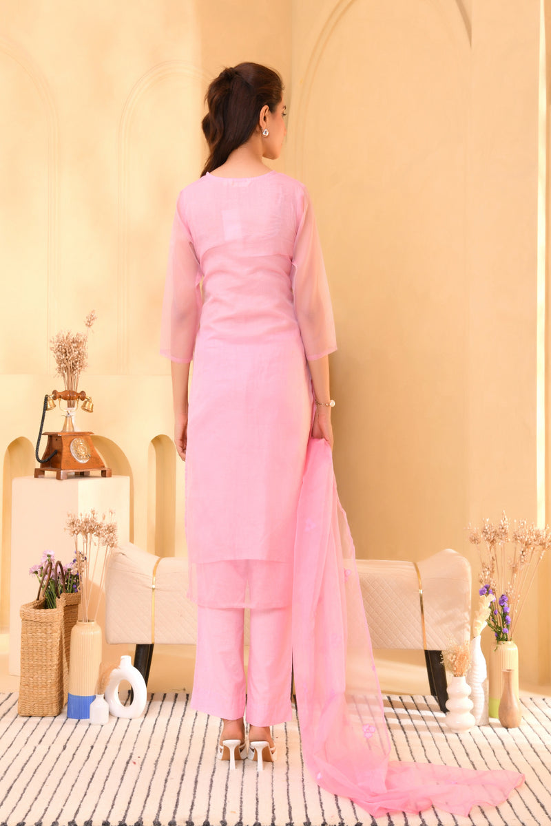 (Vaasva) Women Pink Organza applique suit set  (Set of 5 Pc)