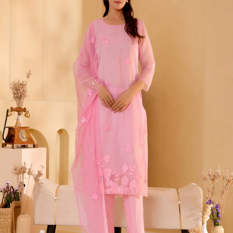 (Vaasva) Women Pink Organza applique suit set  (Set of 5 Pc)