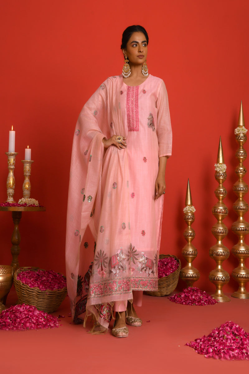 (Vaasva) Women Peach elephant pattern jamdani woven suit set  (Set of 5 Pc)