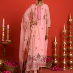 (Vaasva) Women Peach elephant pattern jamdani woven suit set  (Set of 5 Pc)