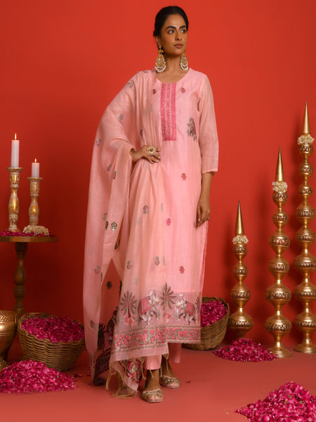 (Vaasva) Women Peach elephant pattern jamdani woven suit set  (Set of 5 Pc)