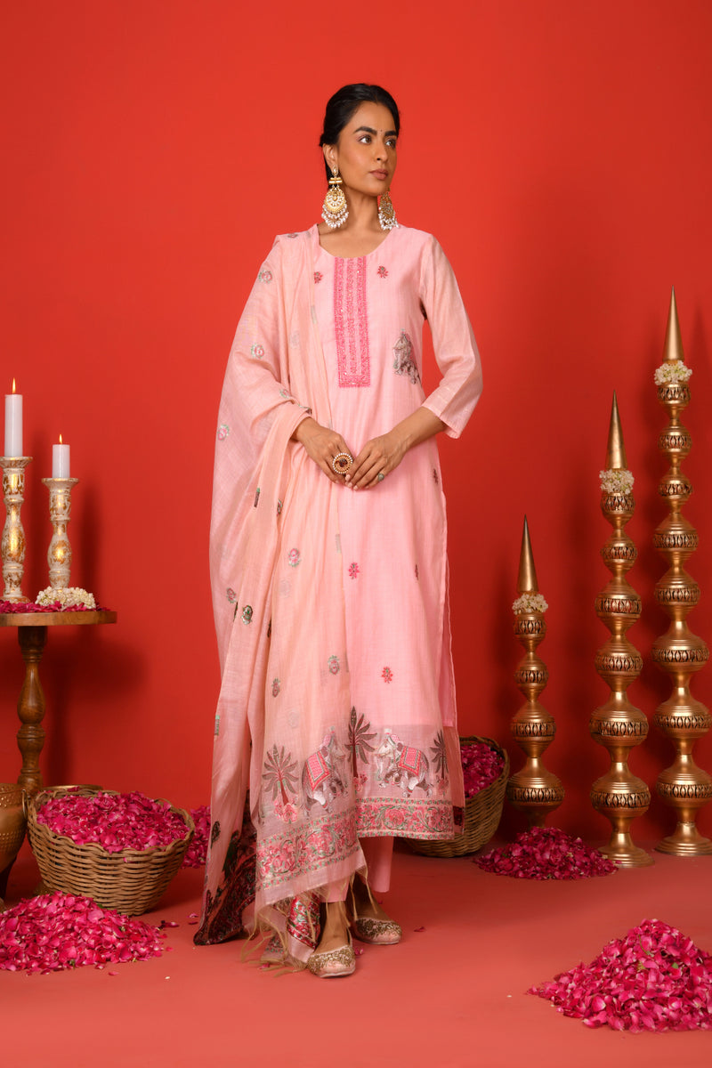 (Vaasva) Women Peach elephant pattern jamdani woven suit set  (Set of 5 Pc)