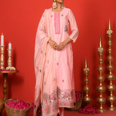 (Vaasva) Women Peach elephant pattern jamdani woven suit set  (Set of 5 Pc)