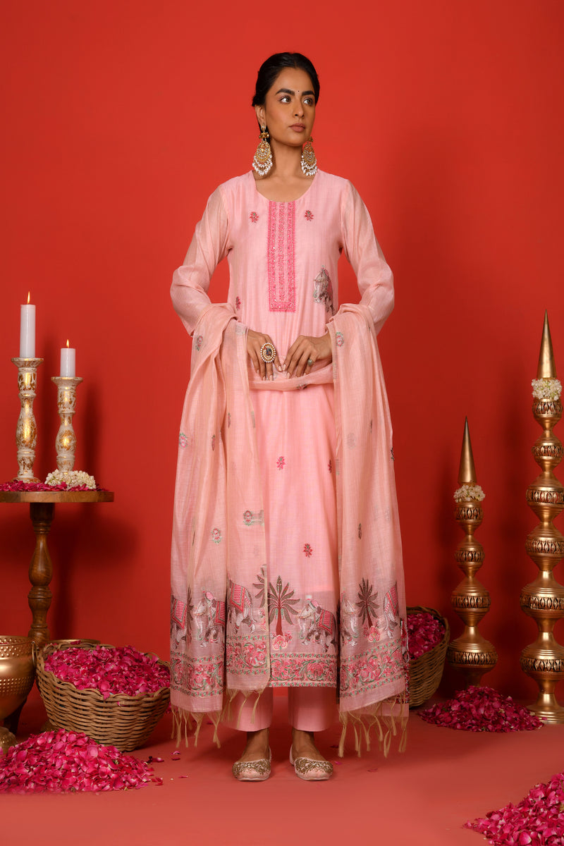 (Vaasva) Women Peach elephant pattern jamdani woven suit set  (Set of 5 Pc)