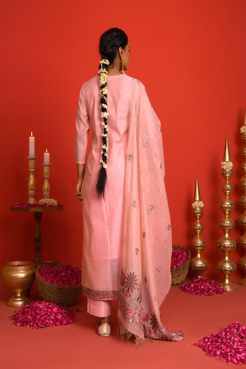 (Vaasva) Women Peach elephant pattern jamdani woven suit set  (Set of 5 Pc)