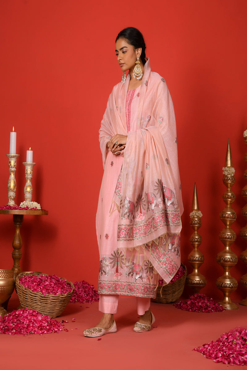 (Vaasva) Women Peach elephant pattern jamdani woven suit set  (Set of 5 Pc)