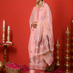 (Vaasva) Women Peach elephant pattern jamdani woven suit set  (Set of 5 Pc)