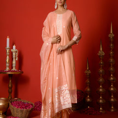 (Vaasva) Women Peach white yoke pattern jamdani woven suit set  (Set of 5 Pc)