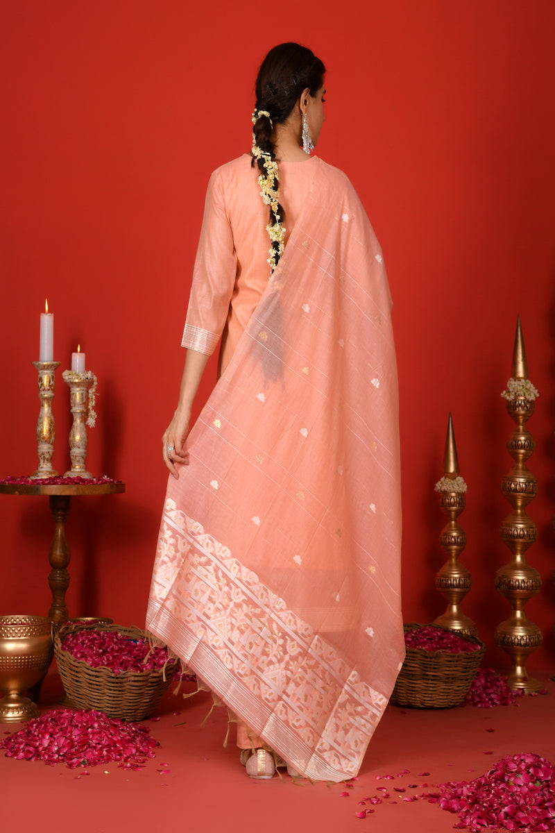 (Vaasva) Women Peach white yoke pattern jamdani woven suit set  (Set of 5 Pc)